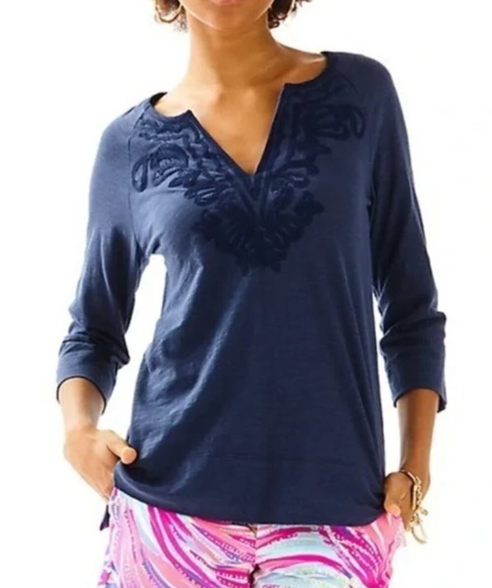 Lilly Pulitzer True Navy Kira Embroidered Cotton Tunic Top 3/4 Sleeve Small